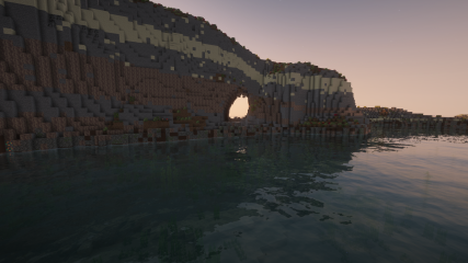 The sun setting behind the sea arch of Fungus Rock in Malta in Minecraft
