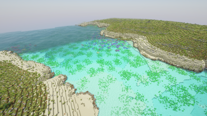 The turquoise Blue Lagoon between Comino and Cominotto from above in Malta in Minecraft