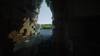 Inside the Inland Sea tunnel looking back at the bright lagoon in Malta in Minecraft